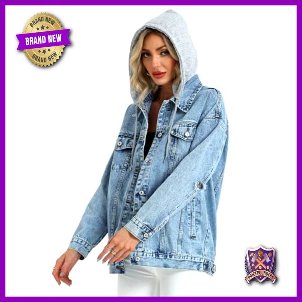 Oversized Distressed Denim Jacket with Detachable Hood Y2K Retro Boyfriend Fit - Picture 6 of 7